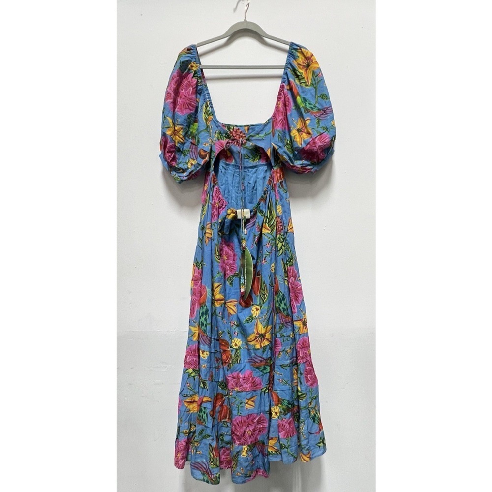 FARM RIO Toucans Garden Midi Dress In Blue Size XS Puff Sleeve Multicolor NEW - Picture 2 of 14